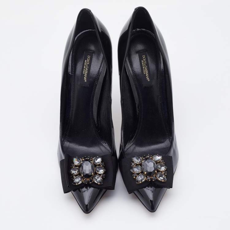 Pre Owned Dolce & Gabbana Black Patent Leather Crystal Embellished Bow Pumps Size 38.5