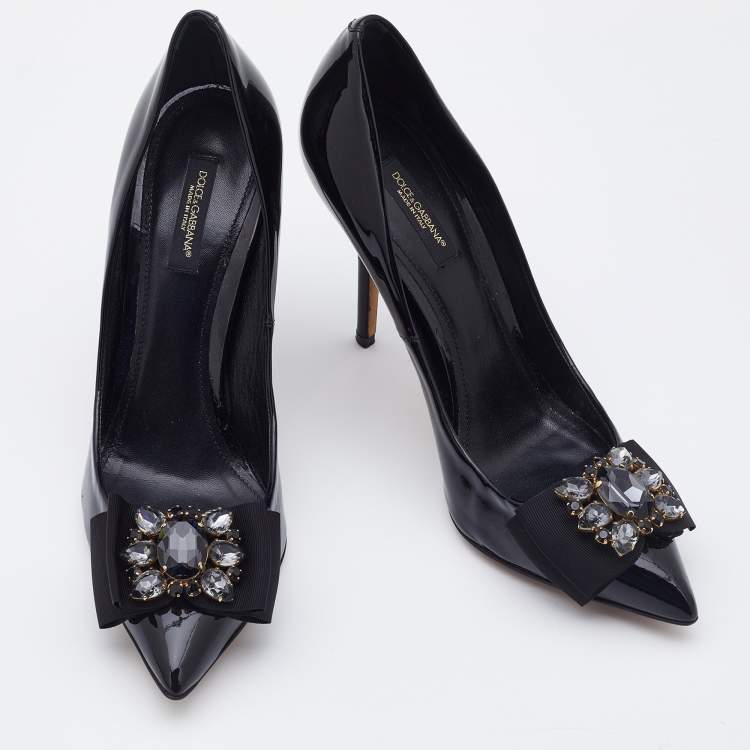 Pre Owned Dolce & Gabbana Black Patent Leather Crystal Embellished Bow Pumps Size 38.5