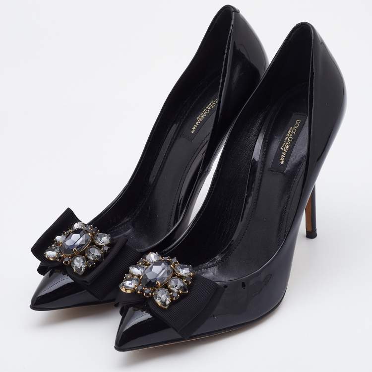 Pre Owned Dolce & Gabbana Black Patent Leather Crystal Embellished Bow Pumps Size 38.5