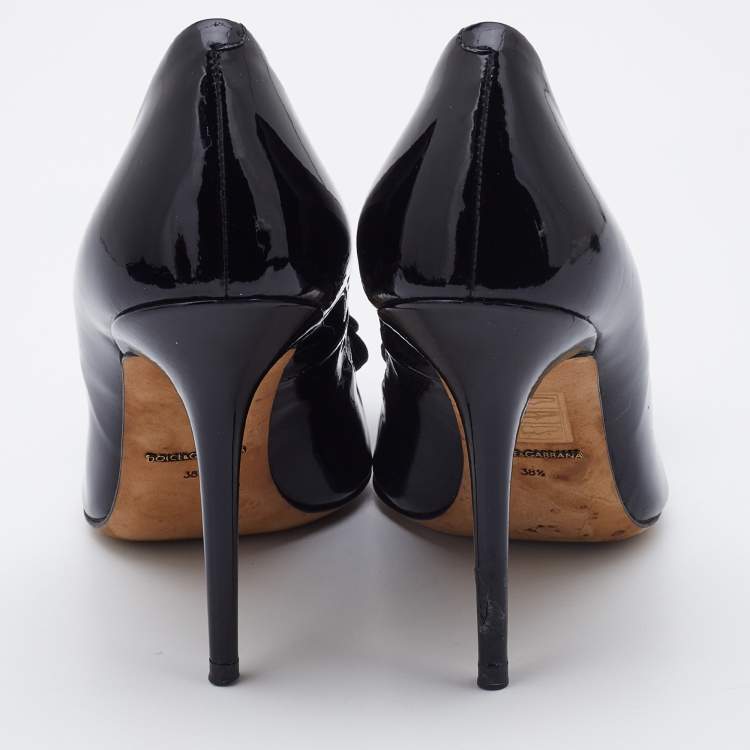 Pre Owned Dolce & Gabbana Black Patent Leather Crystal Embellished Bow Pumps Size 38.5