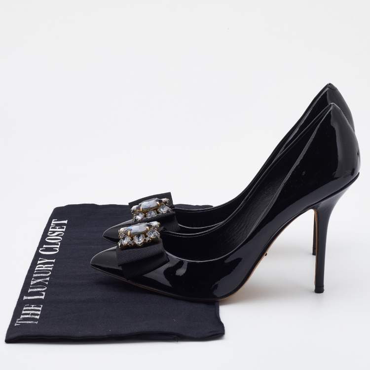 Pre Owned Dolce & Gabbana Black Patent Leather Crystal Embellished Bow Pumps Size 38.5