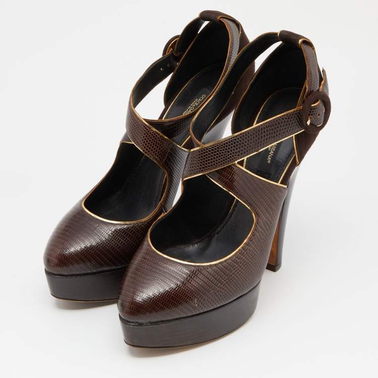Pre Owned Dolce & Gabbana Brown Embossed Lizard and Suede Cross Ankle Strap Platform Pumps Size 39