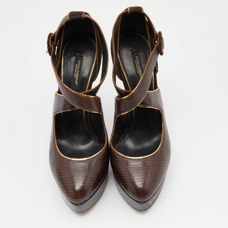 Pre Owned Dolce & Gabbana Brown Embossed Lizard and Suede Cross Ankle Strap Platform Pumps Size 39