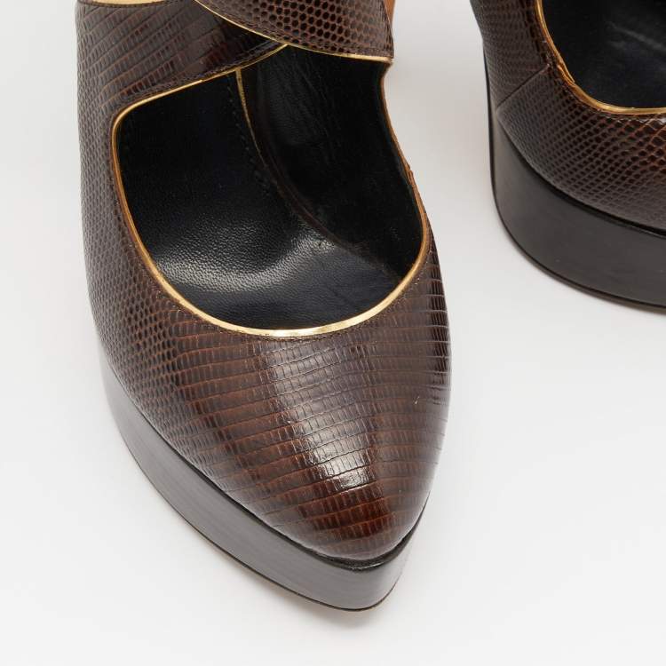 Pre Owned Dolce & Gabbana Brown Embossed Lizard and Suede Cross Ankle Strap Platform Pumps Size 39