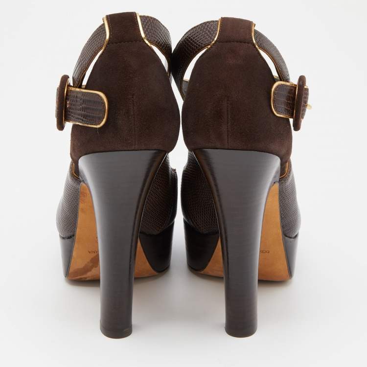 Pre Owned Dolce & Gabbana Brown Embossed Lizard and Suede Cross Ankle Strap Platform Pumps Size 39