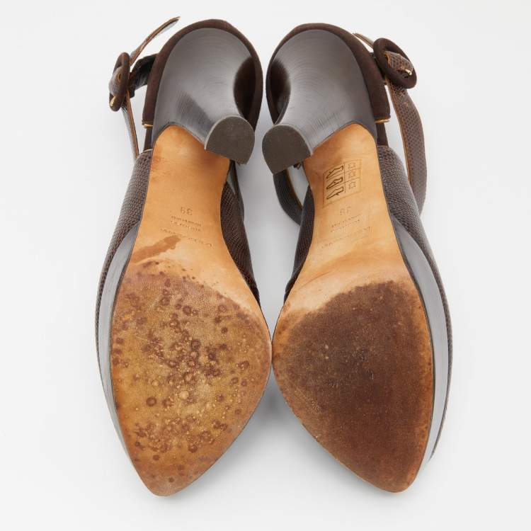 Pre Owned Dolce & Gabbana Brown Embossed Lizard and Suede Cross Ankle Strap Platform Pumps Size 39