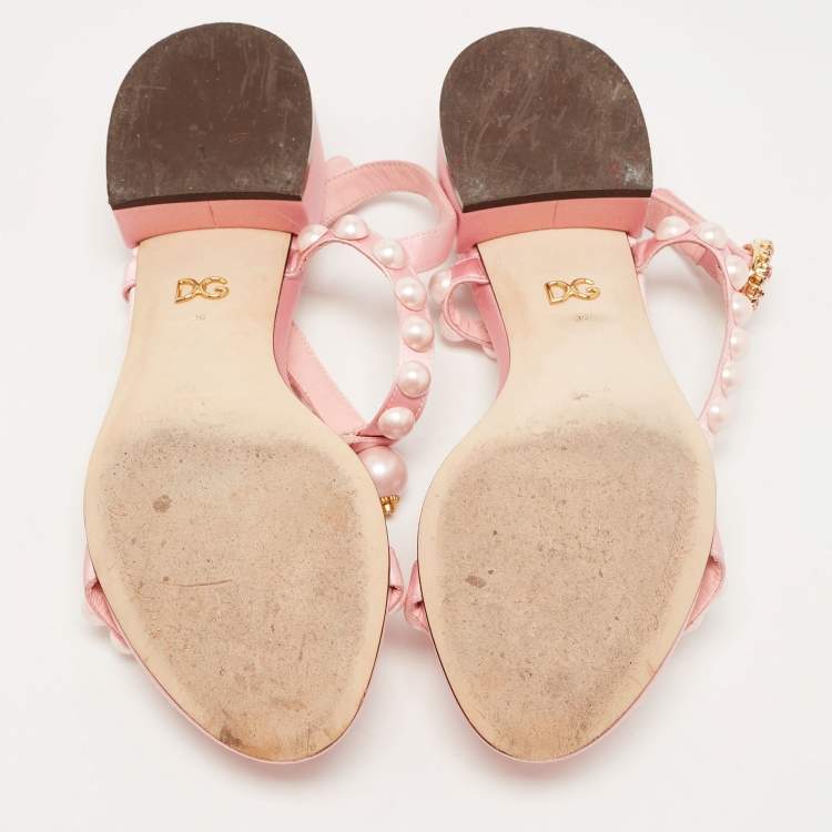 Pre Owned Dolce & Gabbana Pink Satin Pearl Embellished Ankle Strap Flat Sandals Size 39