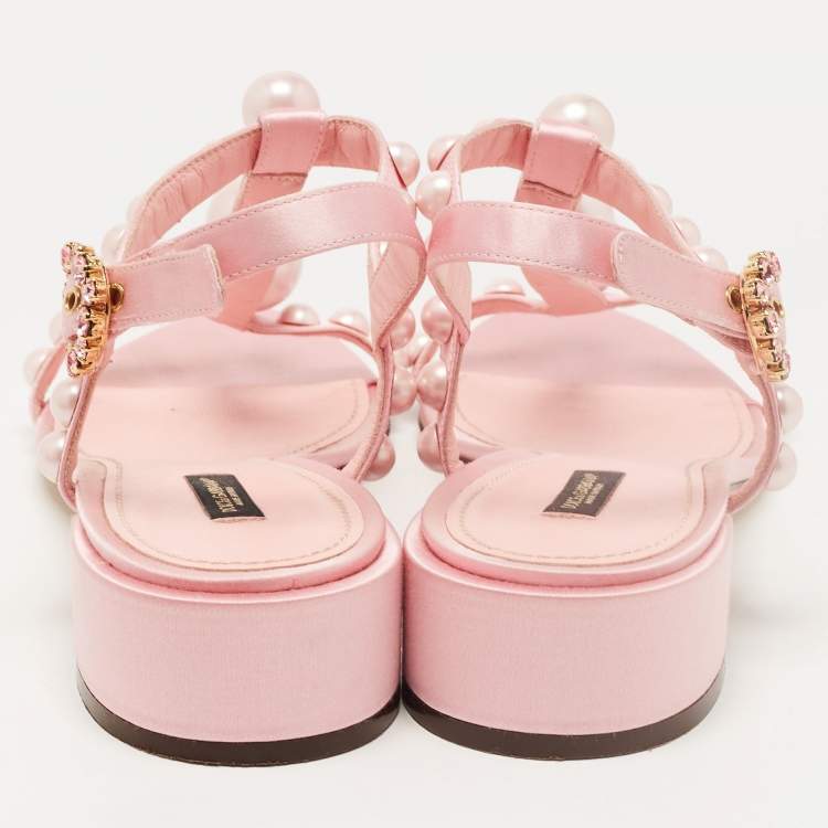 Pre Owned Dolce & Gabbana Pink Satin Pearl Embellished Ankle Strap Flat Sandals Size 39