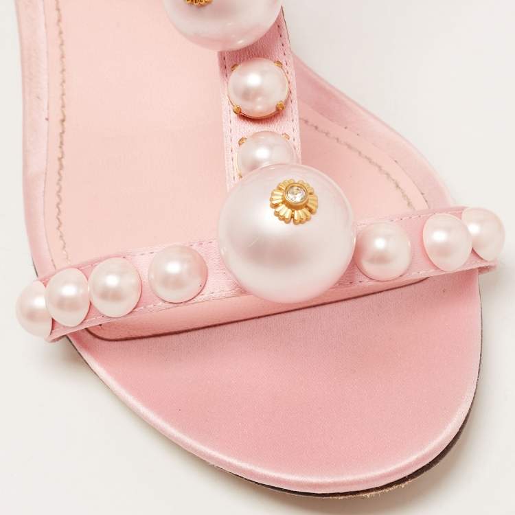 Pre Owned Dolce & Gabbana Pink Satin Pearl Embellished Ankle Strap Flat Sandals Size 39