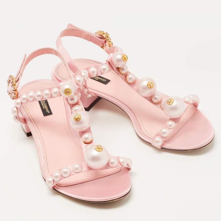 Pre Owned Dolce & Gabbana Pink Satin Pearl Embellished Ankle Strap Flat Sandals Size 39