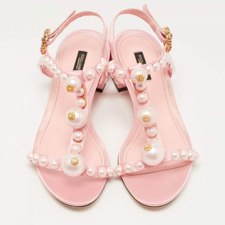 Pre Owned Dolce & Gabbana Pink Satin Pearl Embellished Ankle Strap Flat Sandals Size 39