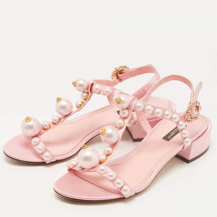 Dolce & Gabbana Pink Satin Pearl Embellished Ankle Strap Flat Sandals Size  39 Dolce & Gabbana