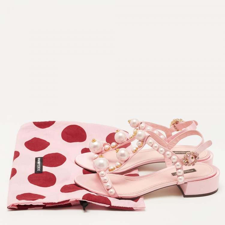 Pre Owned Dolce & Gabbana Pink Satin Pearl Embellished Ankle Strap Flat Sandals Size 39