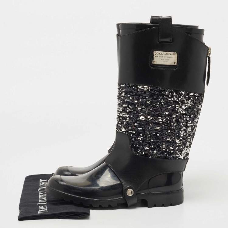 Pre Owned Dolce & Gabbana Black Rubber, Leather and Sequins Rain Boots Size 41