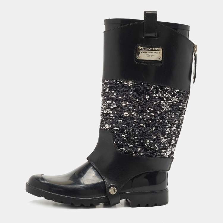 Pre Owned Dolce & Gabbana Black Rubber, Leather and Sequins Rain Boots Size 41
