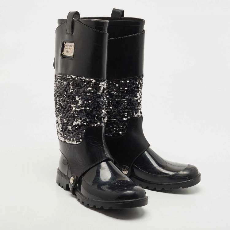 Pre Owned Dolce & Gabbana Black Rubber, Leather and Sequins Rain Boots Size 41