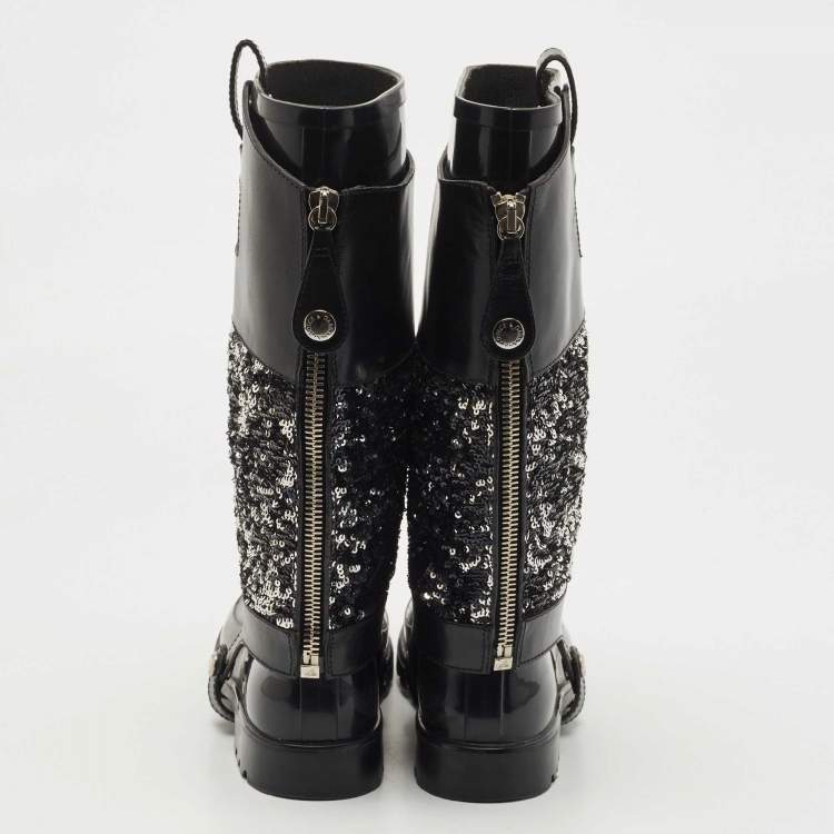 Pre Owned Dolce & Gabbana Black Rubber, Leather and Sequins Rain Boots Size 41