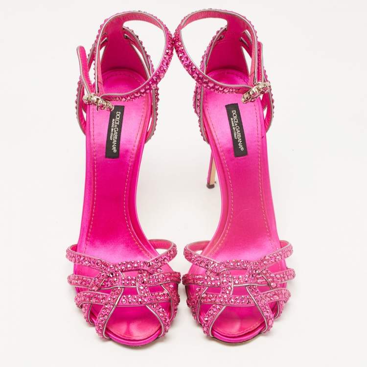 Pre Owned Dolce & Gabbana Pink Crystal Embellished Satin Ankle Strap Sandals Size 38