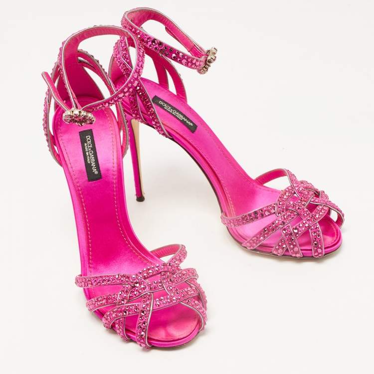 Pre Owned Dolce & Gabbana Pink Crystal Embellished Satin Ankle Strap Sandals Size 38
