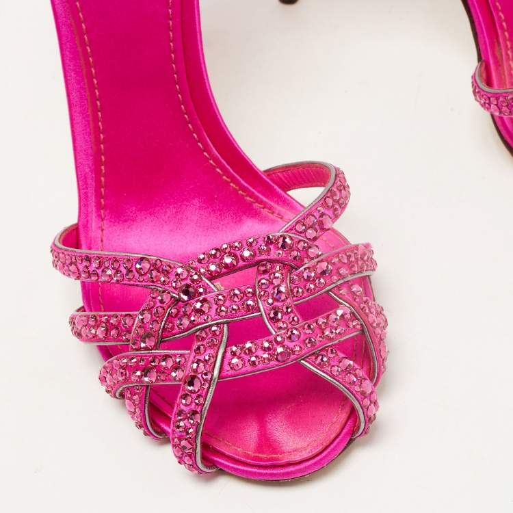 Pre Owned Dolce & Gabbana Pink Crystal Embellished Satin Ankle Strap Sandals Size 38