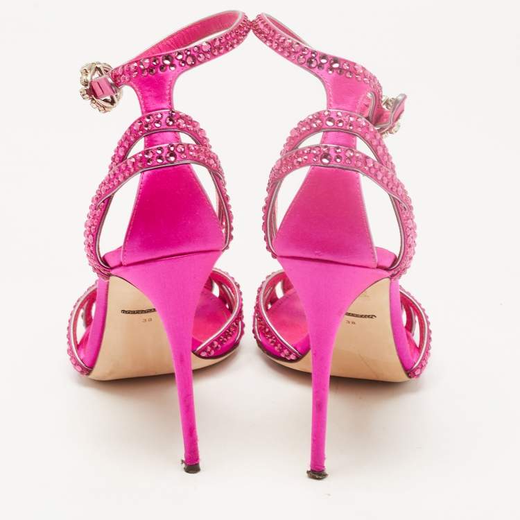 Pre Owned Dolce & Gabbana Pink Crystal Embellished Satin Ankle Strap Sandals Size 38
