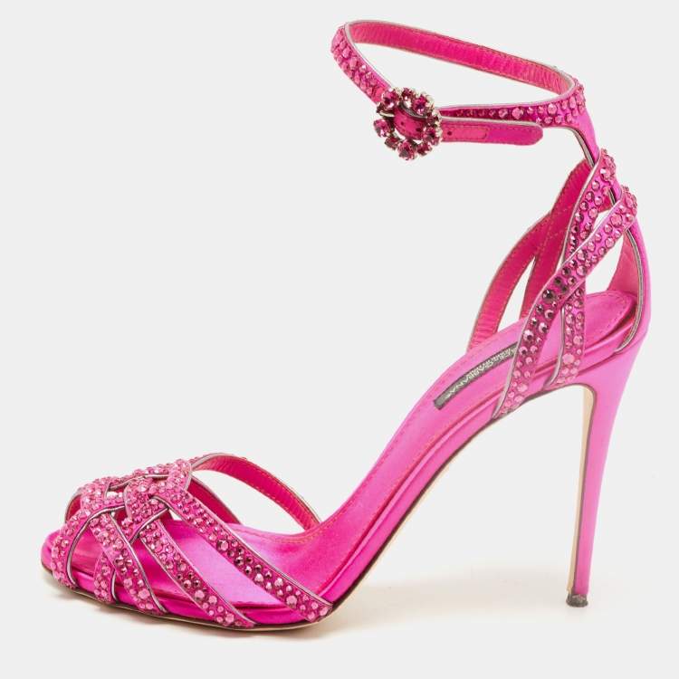 Pre Owned Dolce & Gabbana Pink Crystal Embellished Satin Ankle Strap Sandals Size 38