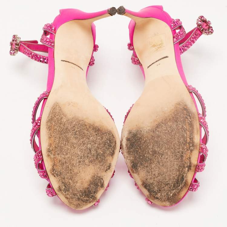 Pre Owned Dolce & Gabbana Pink Crystal Embellished Satin Ankle Strap Sandals Size 38