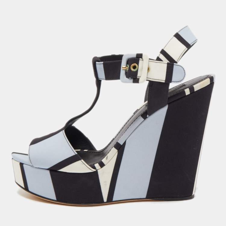 Pre Owned Dolce & Gabbana Tricolor Printed Fabric T-Strap Wedge Sandals Size 39