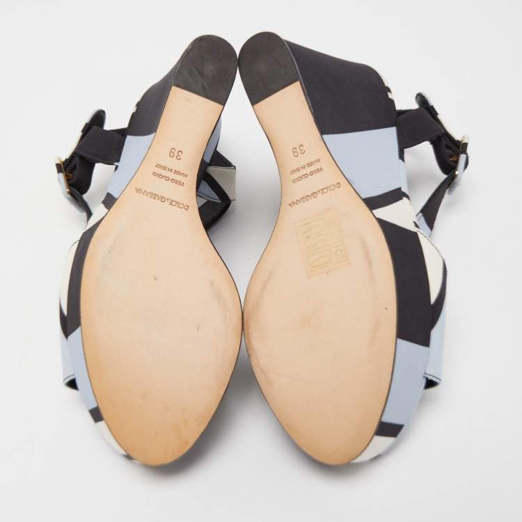 Pre Owned Dolce & Gabbana Tricolor Printed Fabric T-Strap Wedge Sandals Size 39