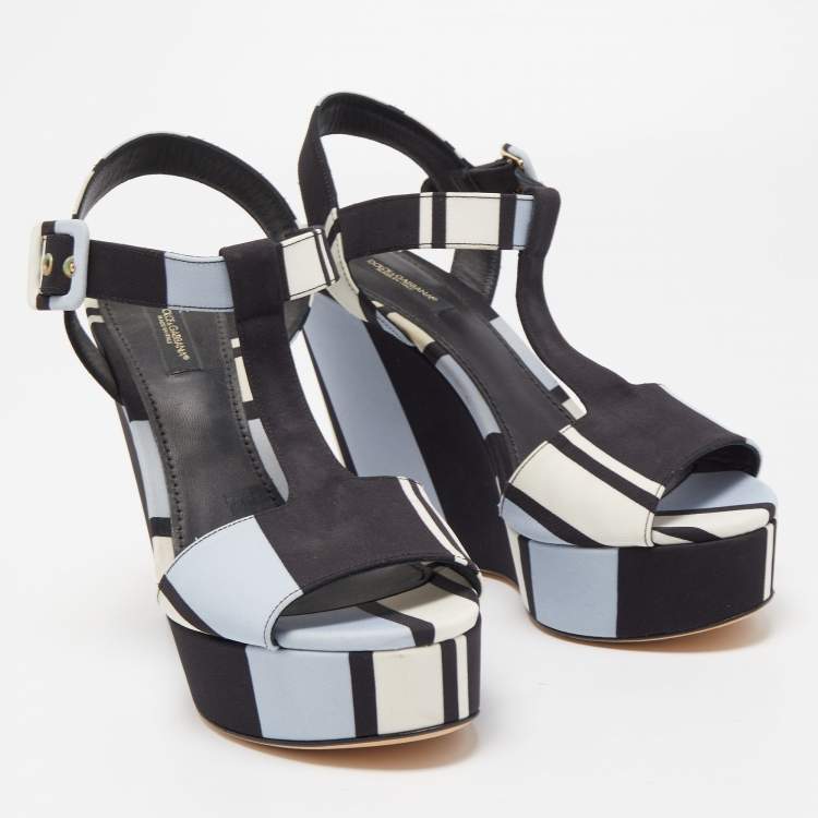 Pre Owned Dolce & Gabbana Tricolor Printed Fabric T-Strap Wedge Sandals Size 39