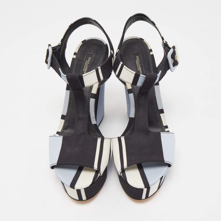 Pre Owned Dolce & Gabbana Tricolor Printed Fabric T-Strap Wedge Sandals Size 39