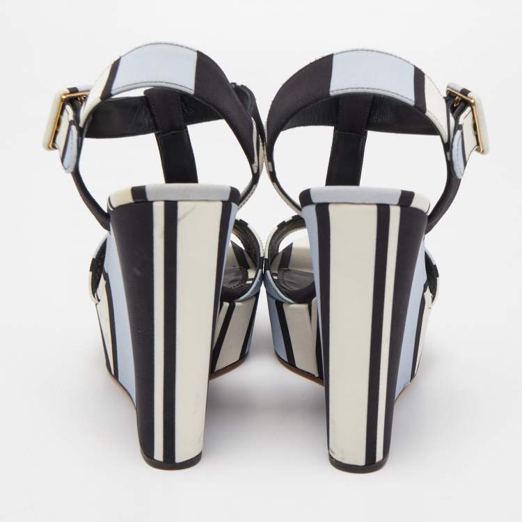 Pre Owned Dolce & Gabbana Tricolor Printed Fabric T-Strap Wedge Sandals Size 39