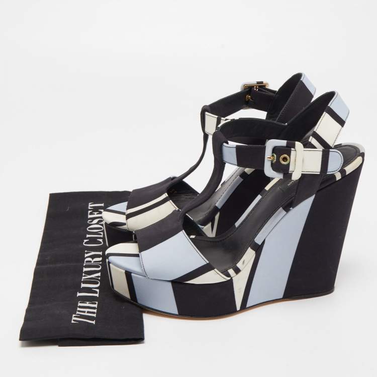 Pre Owned Dolce & Gabbana Tricolor Printed Fabric T-Strap Wedge Sandals Size 39