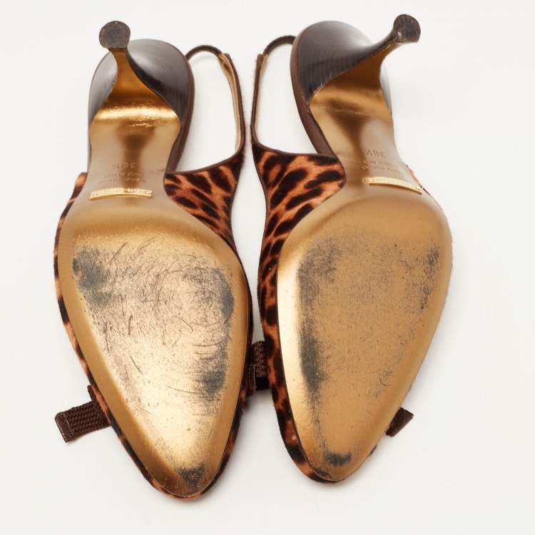 Pre Owned Dolce & Gabbana Two Tone Leopard Print Calf Hair Bow Slingback Pumps Size 38.5