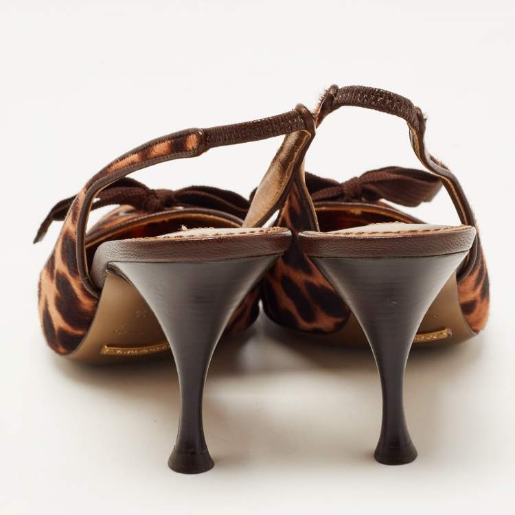Pre Owned Dolce & Gabbana Two Tone Leopard Print Calf Hair Bow Slingback Pumps Size 38.5