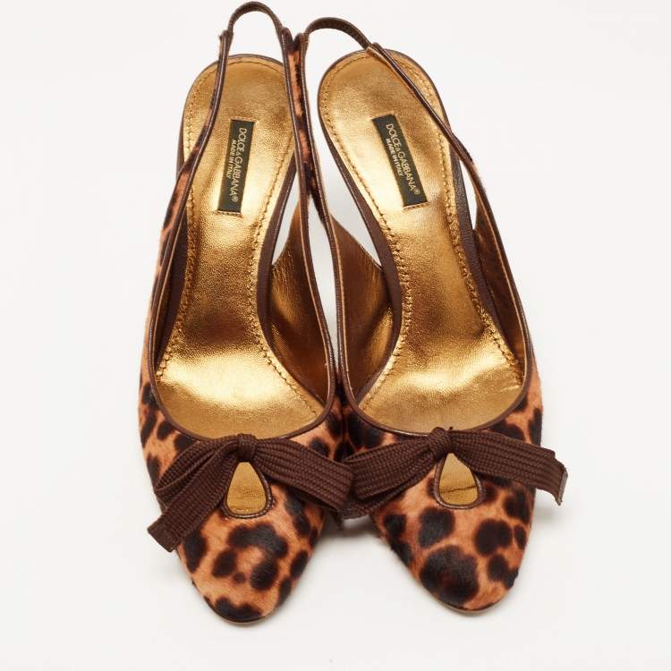 Pre Owned Dolce & Gabbana Two Tone Leopard Print Calf Hair Bow Slingback Pumps Size 38.5