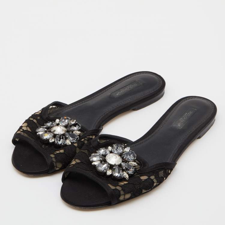 Pre Owned Dolce & Gabbana Black Lace and Satin Sofia Crystal Embellished Slides Size 37.5