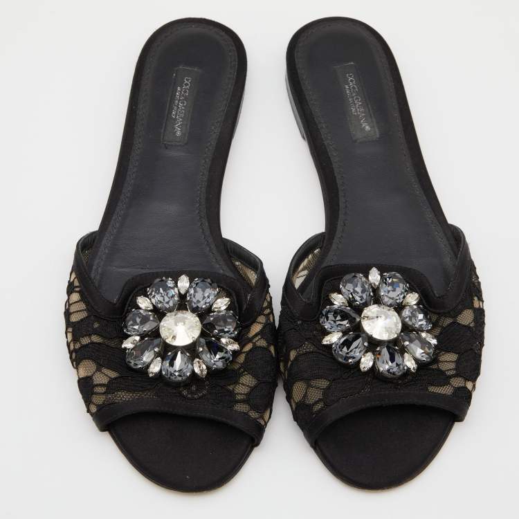 Pre Owned Dolce & Gabbana Black Lace and Satin Sofia Crystal Embellished Slides Size 37.5