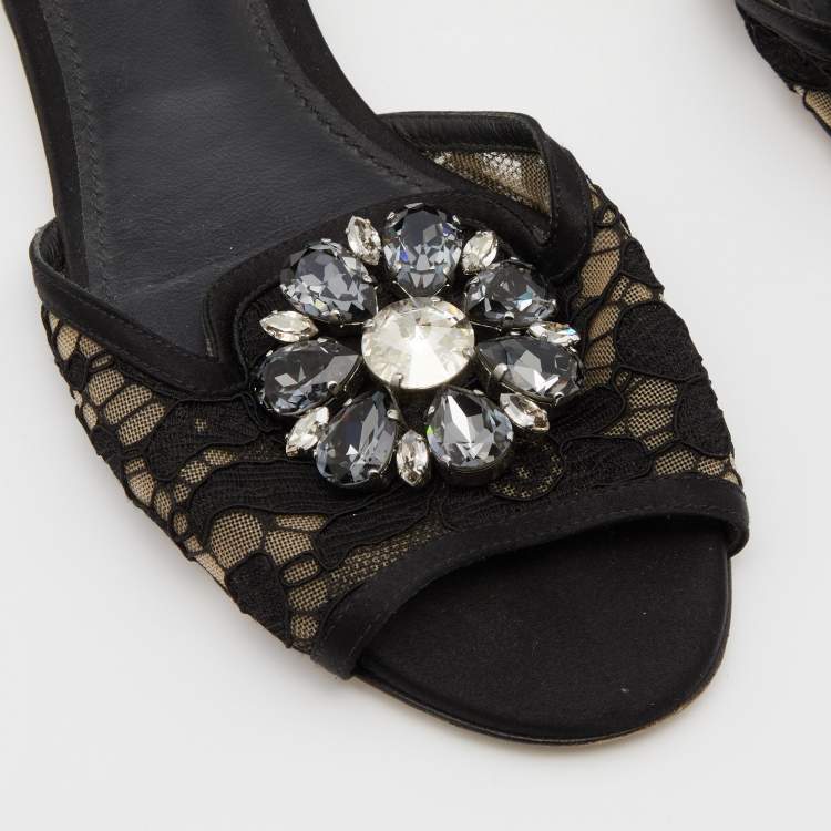 Pre Owned Dolce & Gabbana Black Lace and Satin Sofia Crystal Embellished Slides Size 37.5
