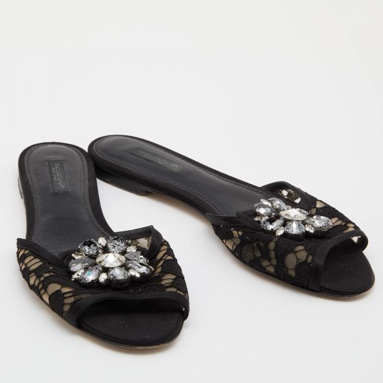 Pre Owned Dolce & Gabbana Black Lace and Satin Sofia Crystal Embellished Slides Size 37.5