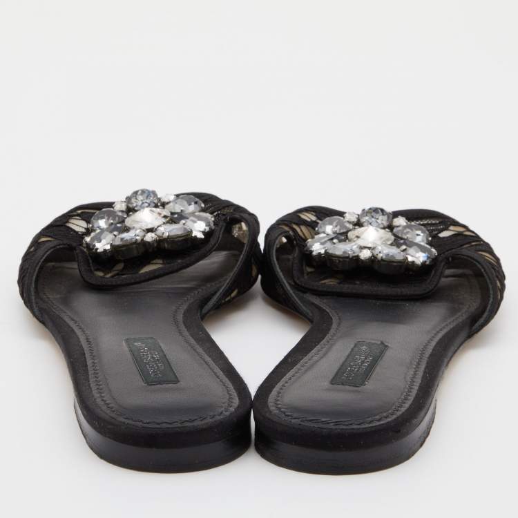 Pre Owned Dolce & Gabbana Black Lace and Satin Sofia Crystal Embellished Slides Size 37.5