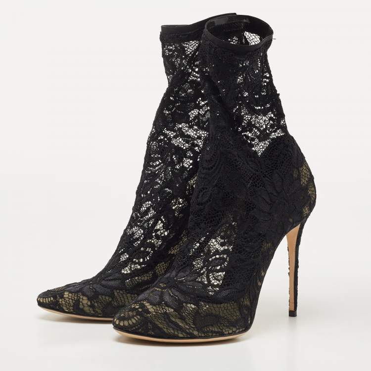 Pre Owned Dolce & Gabbana Black Lace Ankle Booties Size 39