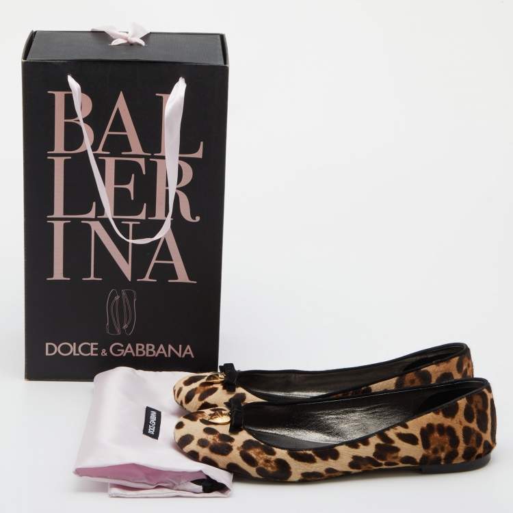 Pre Owned Dolce & Gabbana Brown Leopard Print Calfhair and Suede Bow Detail Ballet Flats Size 40