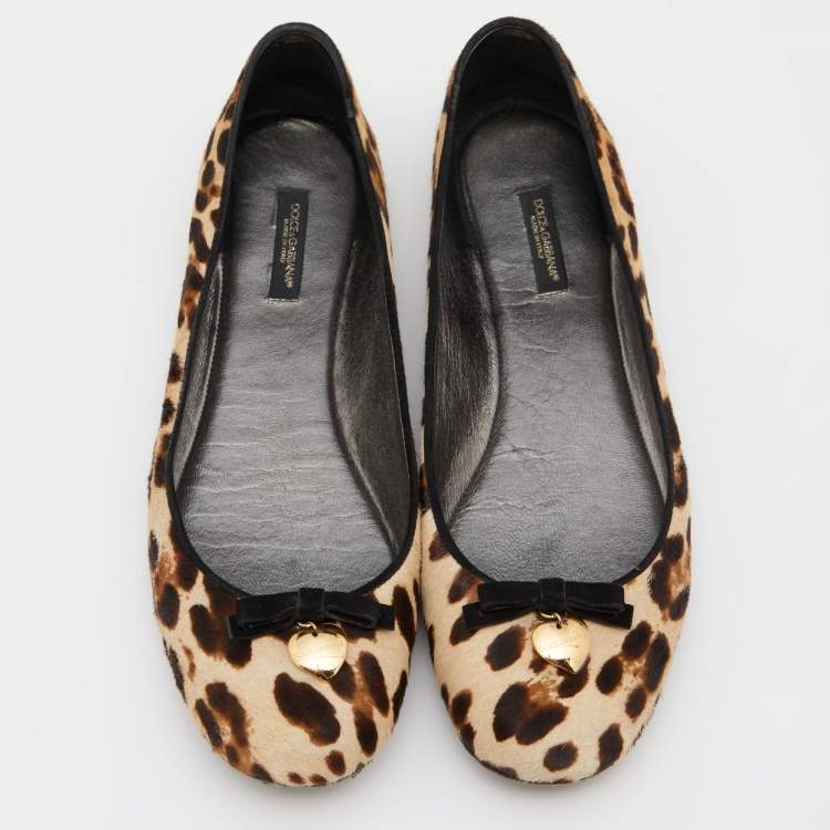Pre Owned Dolce & Gabbana Brown Leopard Print Calfhair and Suede Bow Detail Ballet Flats Size 40