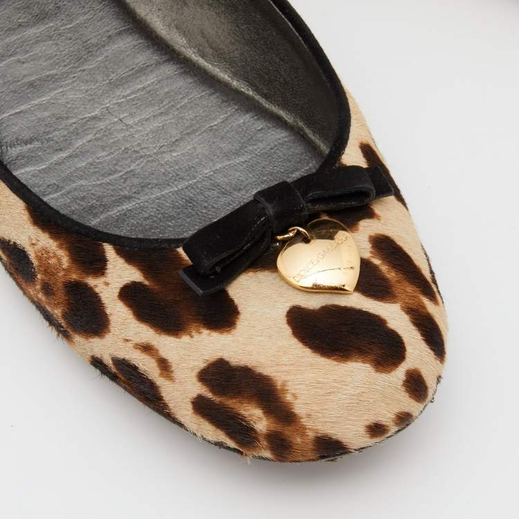Pre Owned Dolce & Gabbana Brown Leopard Print Calfhair and Suede Bow Detail Ballet Flats Size 40