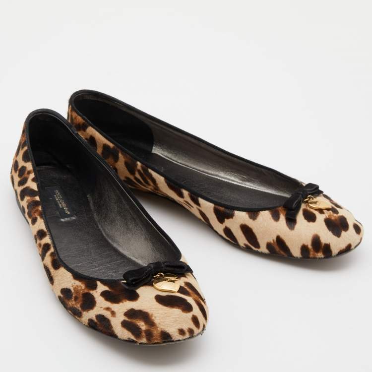 Pre Owned Dolce & Gabbana Brown Leopard Print Calfhair and Suede Bow Detail Ballet Flats Size 40