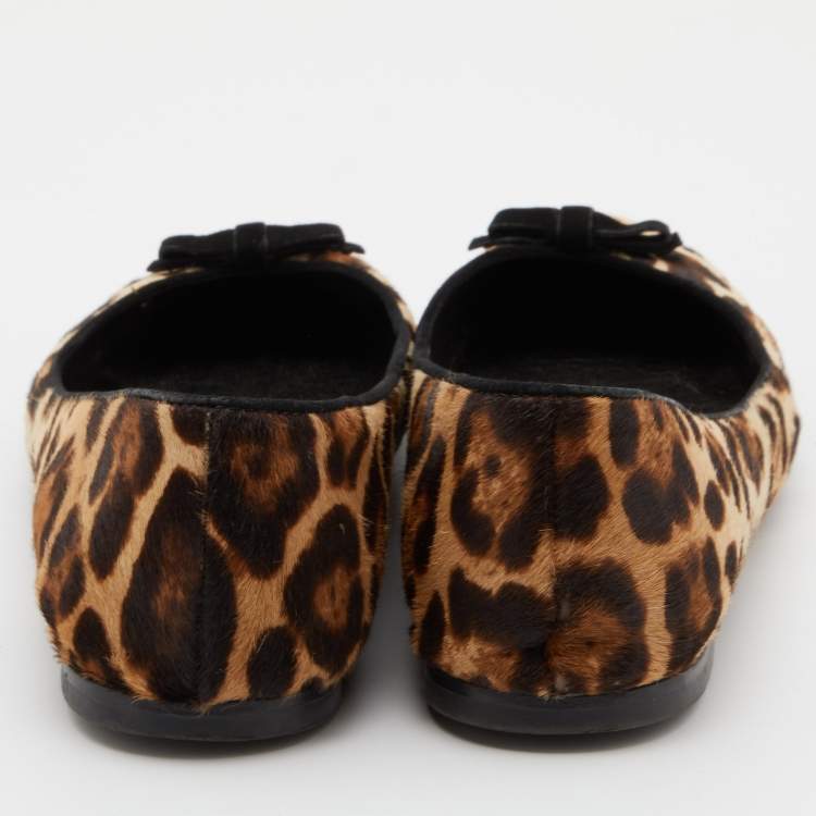 Pre Owned Dolce & Gabbana Brown Leopard Print Calfhair and Suede Bow Detail Ballet Flats Size 40