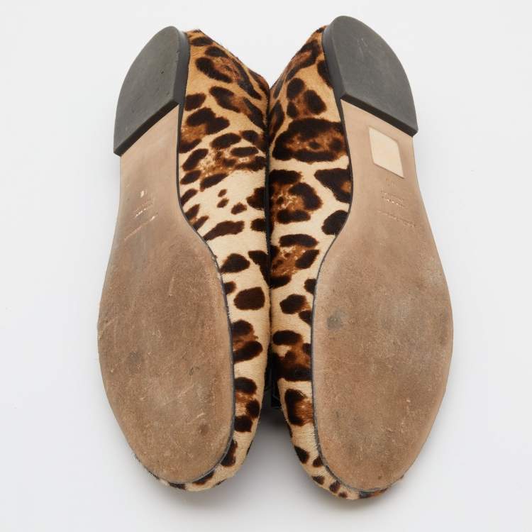 Pre Owned Dolce & Gabbana Brown Leopard Print Calfhair and Suede Bow Detail Ballet Flats Size 40