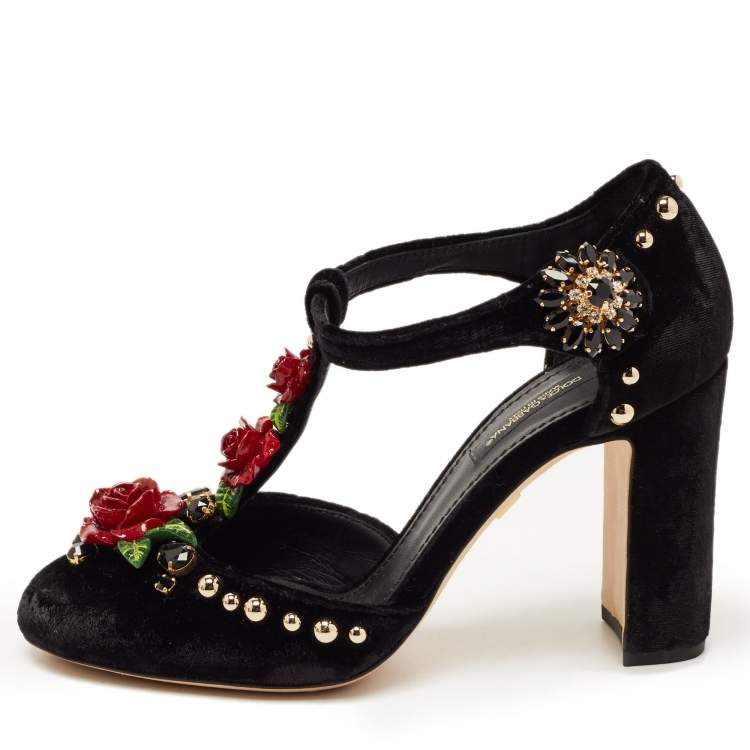 Pre Owned Dolce & Gabbana Black Velvet Rose Applique T-strap Pumps Size 37