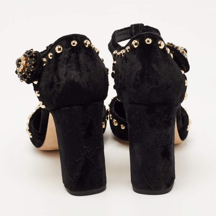 Pre Owned Dolce & Gabbana Black Velvet Rose Applique T-strap Pumps Size 37